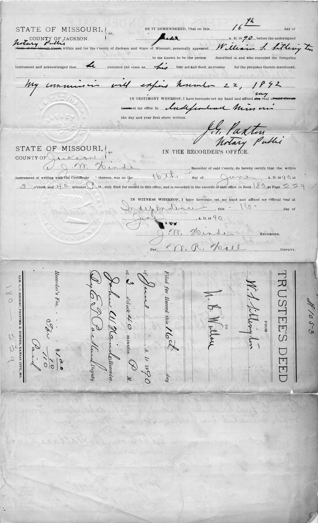 Trustee's Deed Under Sale from William S. Sitlington to Napoleon B. Wallace