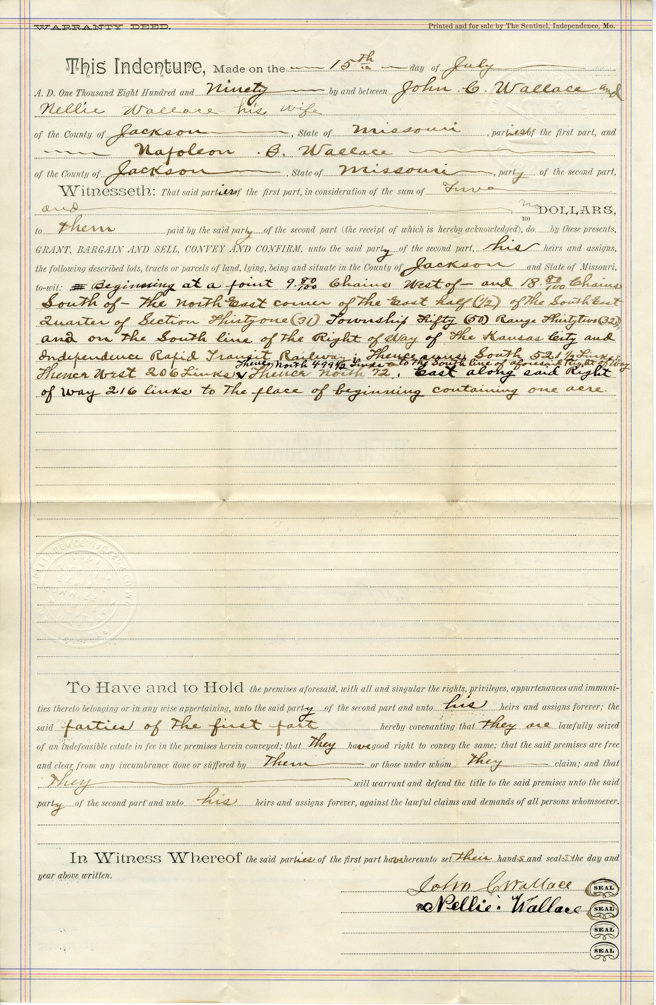 Warranty Deed from John C. Wallace and Nellie Wallace to Napoleon B. Wallace