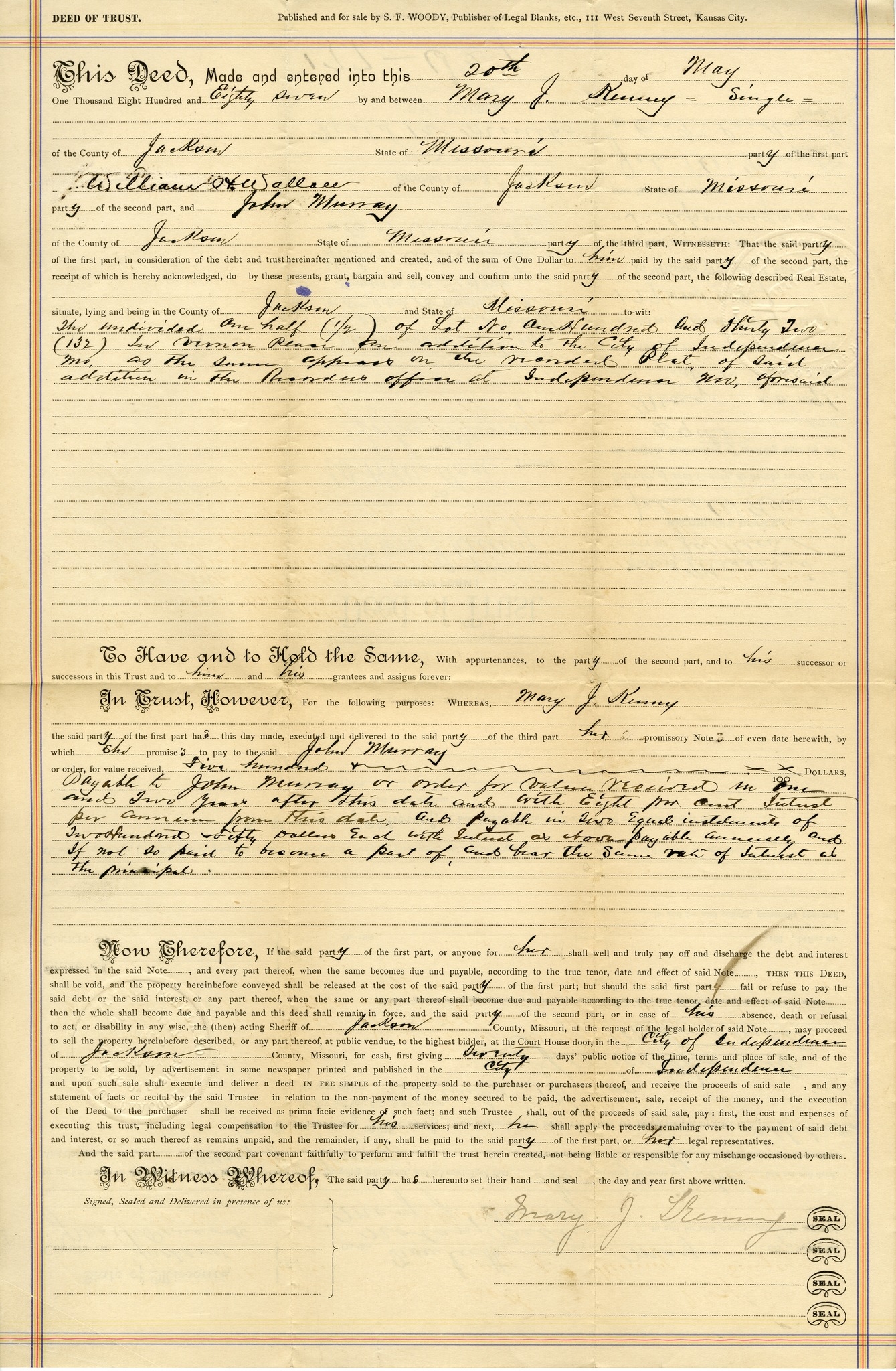 Deed of Trust from Mary J. Kenny to W. H. Wallace for John Murray