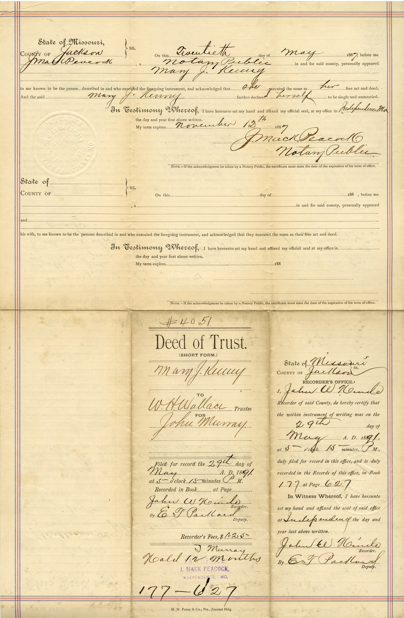Deed of Trust from Mary J. Kenny to W. H. Wallace for John Murray