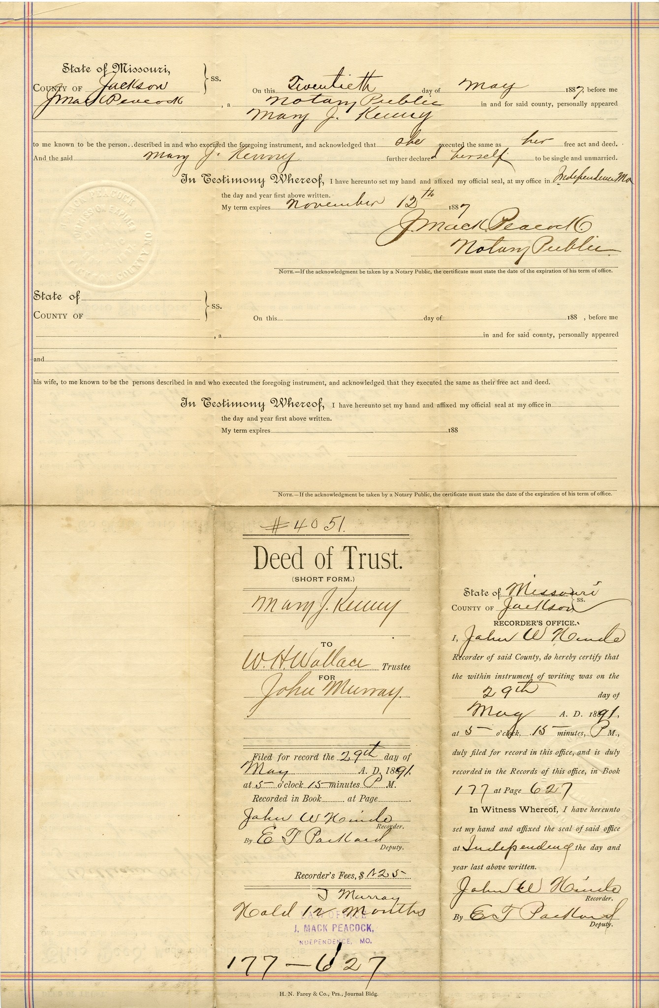 Deed of Trust from Mary J. Kenny to W. H. Wallace for John Murray