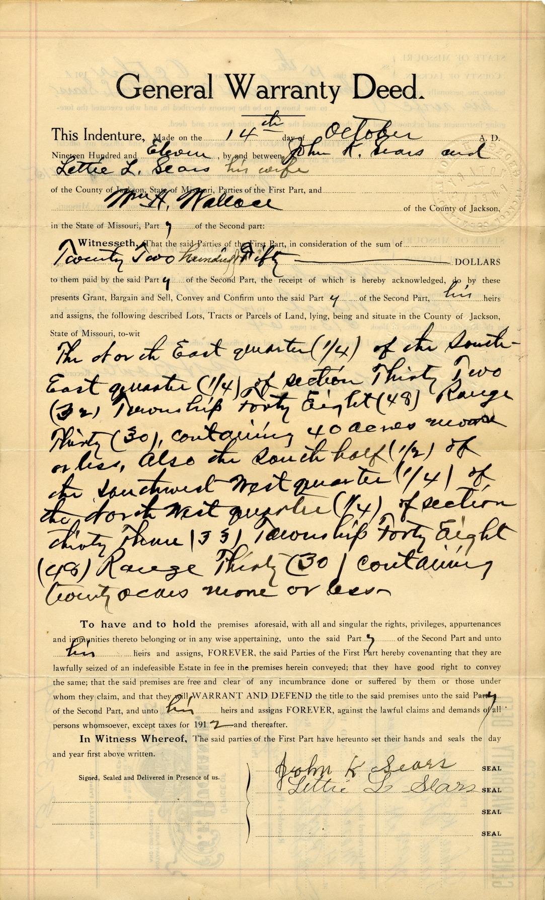General Warranty Deed from John K. Sears and Lettie L. Sears to William H. Wallace