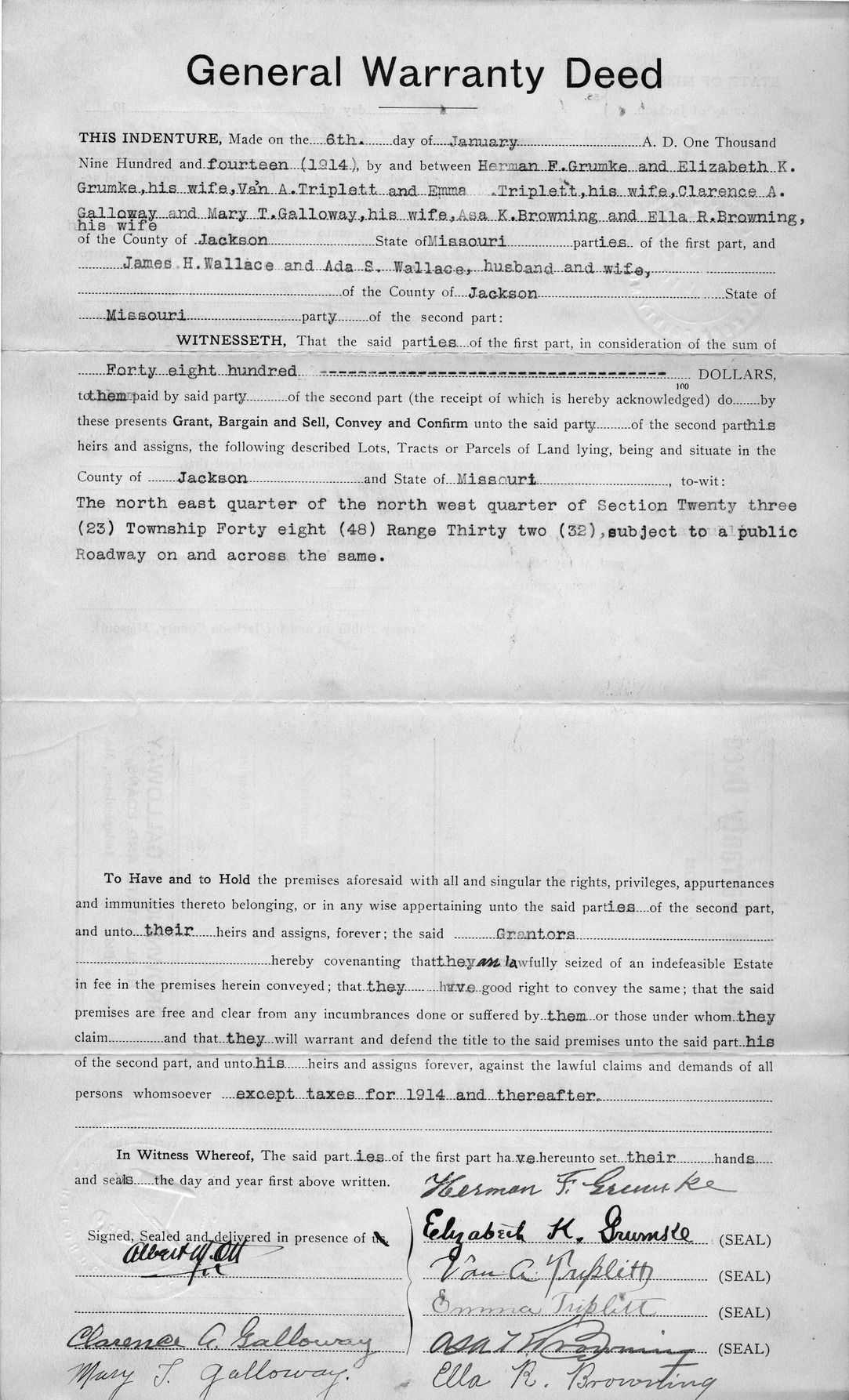 General Warranty Deed from Herman F. Grumke et al. to James H. Wallace and Ada S. Wallace