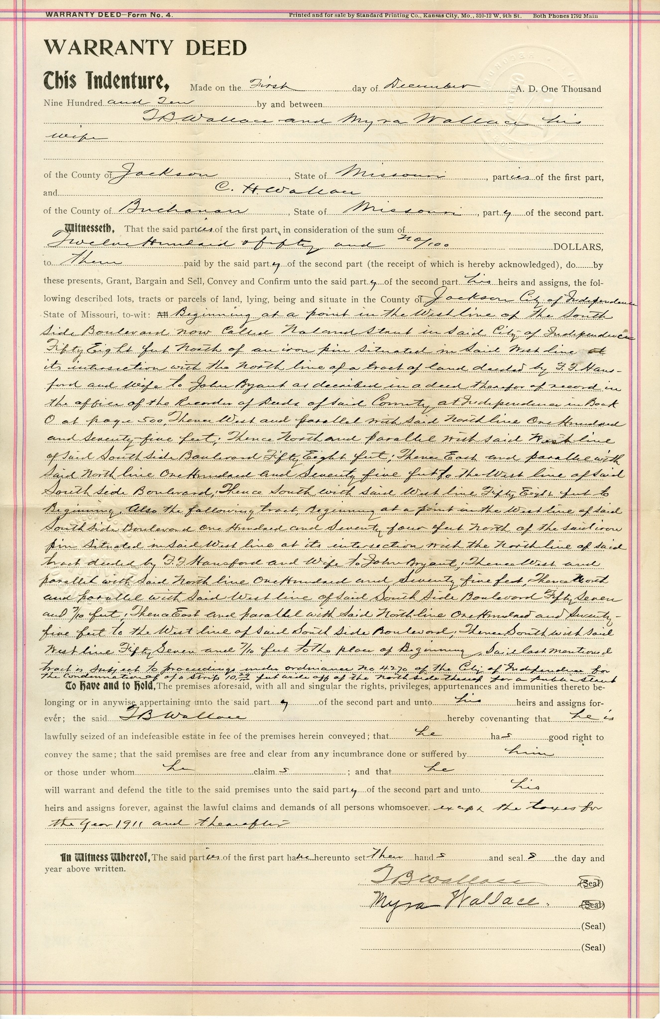 Warranty Deed from T. B. Wallace and Myra Wallace to C. H. Wallace