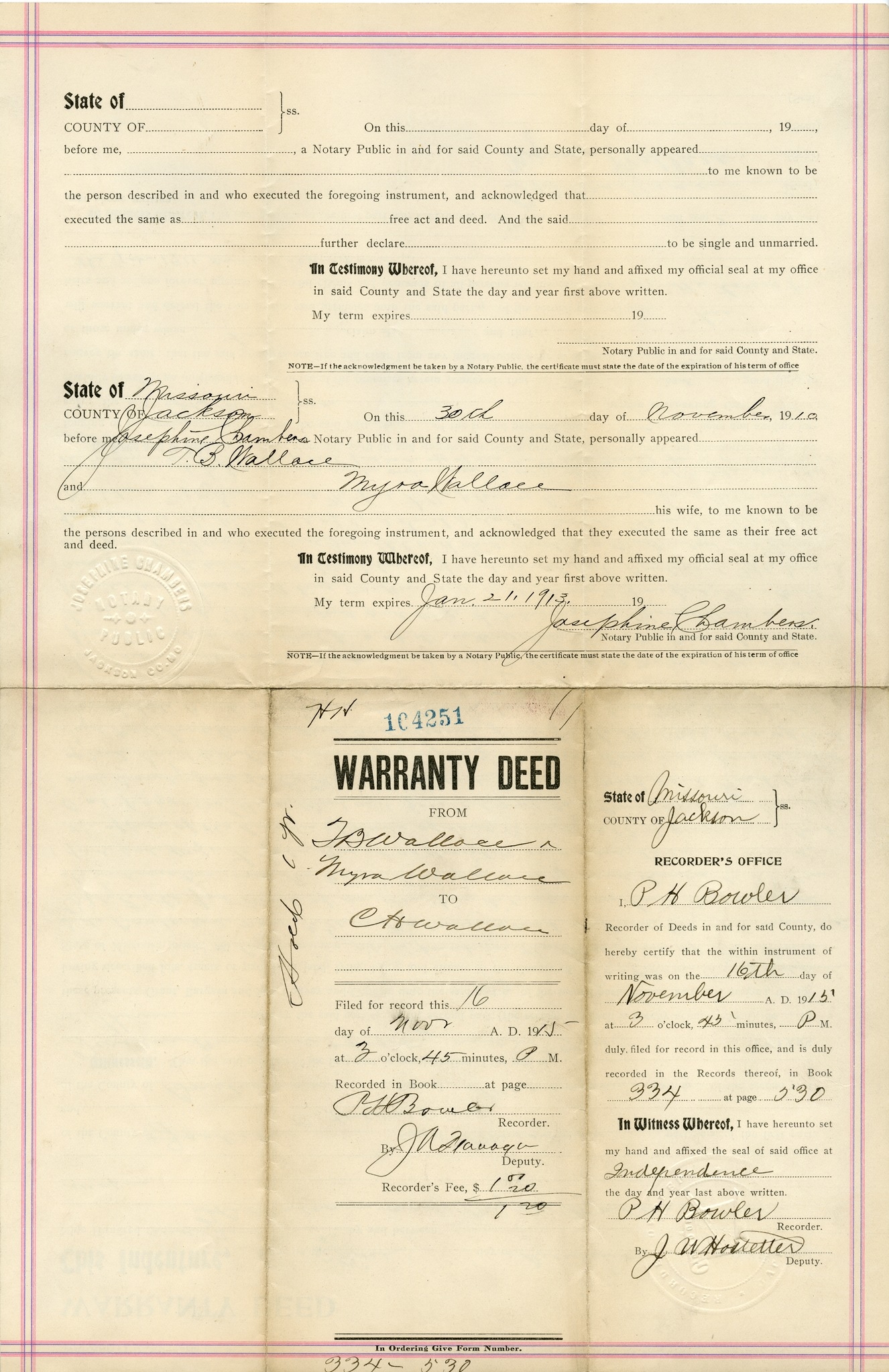 Warranty Deed from T. B. Wallace and Myra Wallace to C. H. Wallace