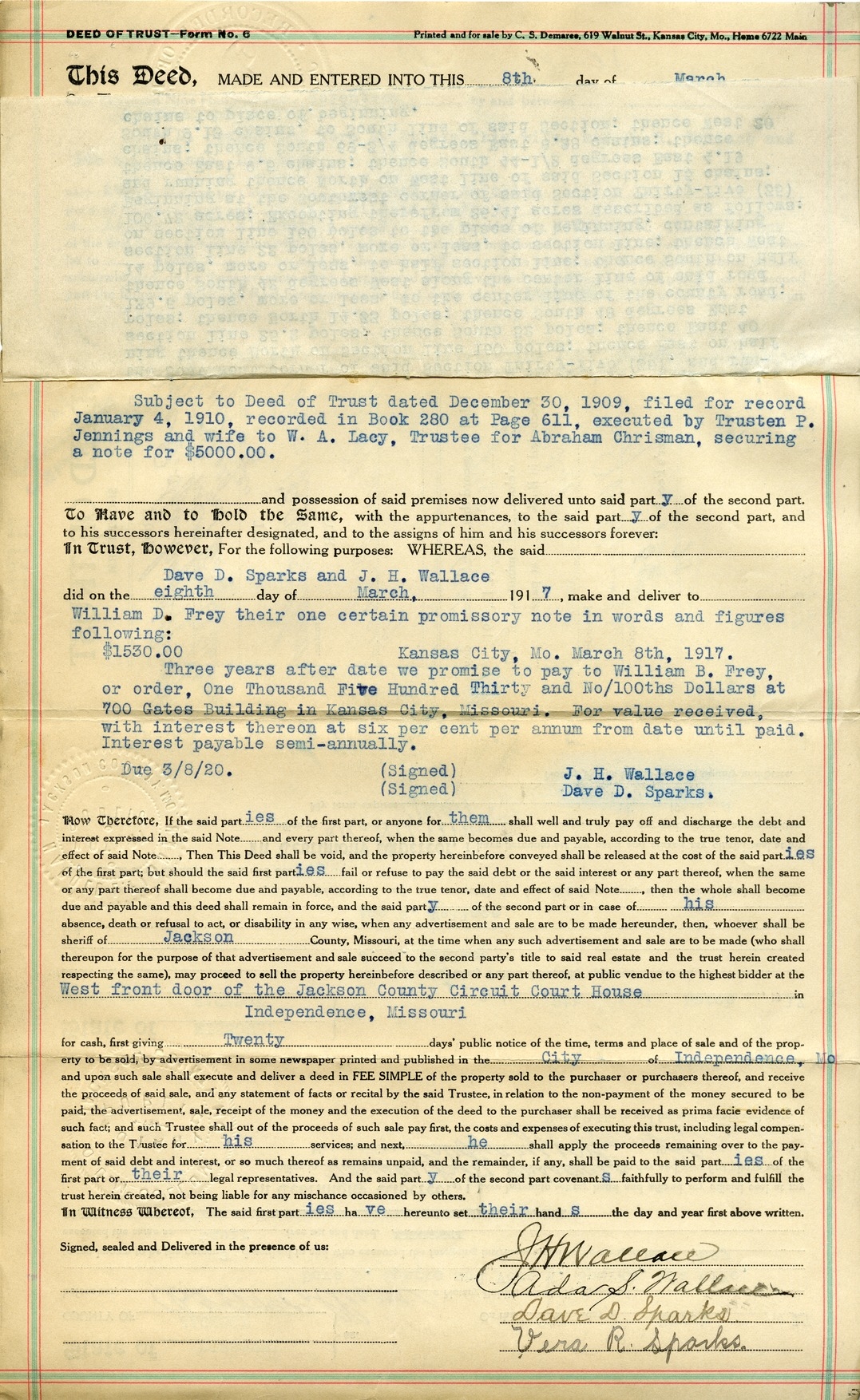 Deed of Trust from Dave D. Sparks et al. to Oscar D. McCollum for William B. Frey