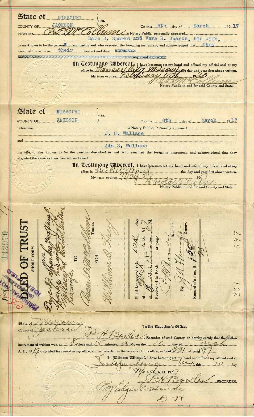 Deed of Trust from Dave D. Sparks et al. to Oscar D. McCollum for William B. Frey