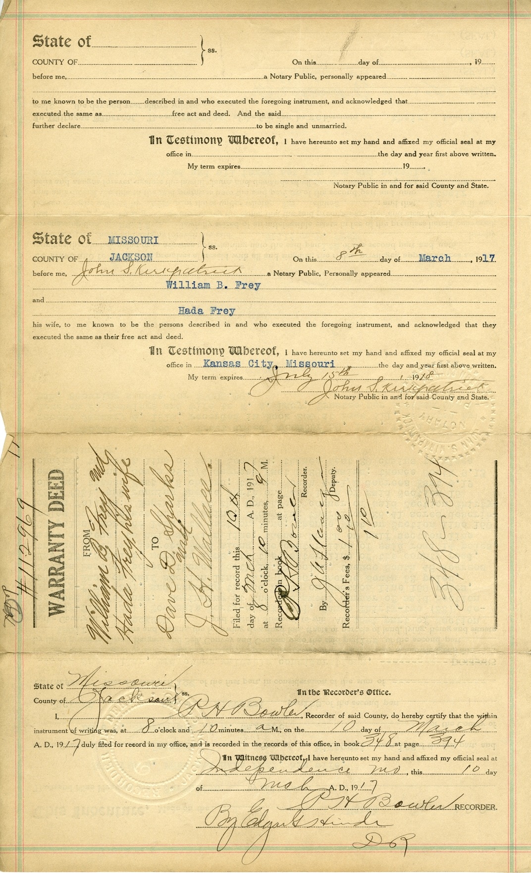 Warranty Deed from William B. Frey and Hada Frey to Dave D. Sharks and J. H. Wallace