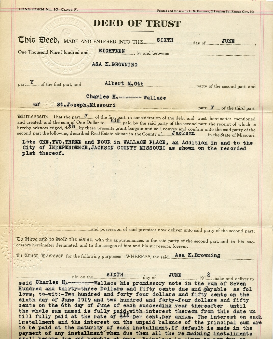 Deed of Trust from Asa K. Browning to Albert M. Ott for Charles H. Wallace