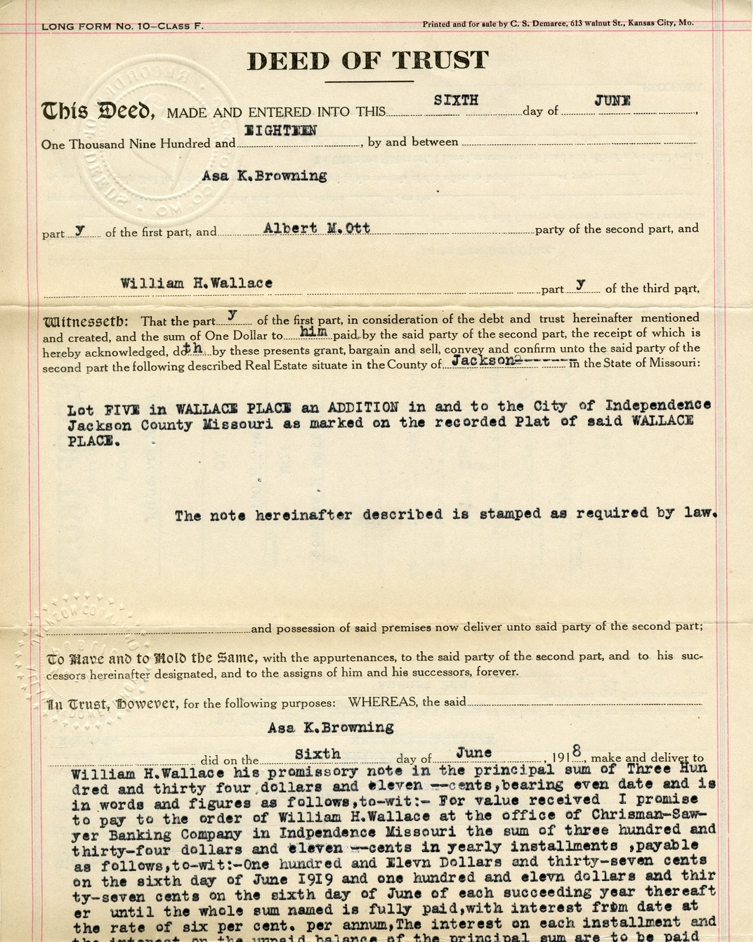 Deed of Trust from Asa K. Browning to Albert M. Ott for William H. Wallace