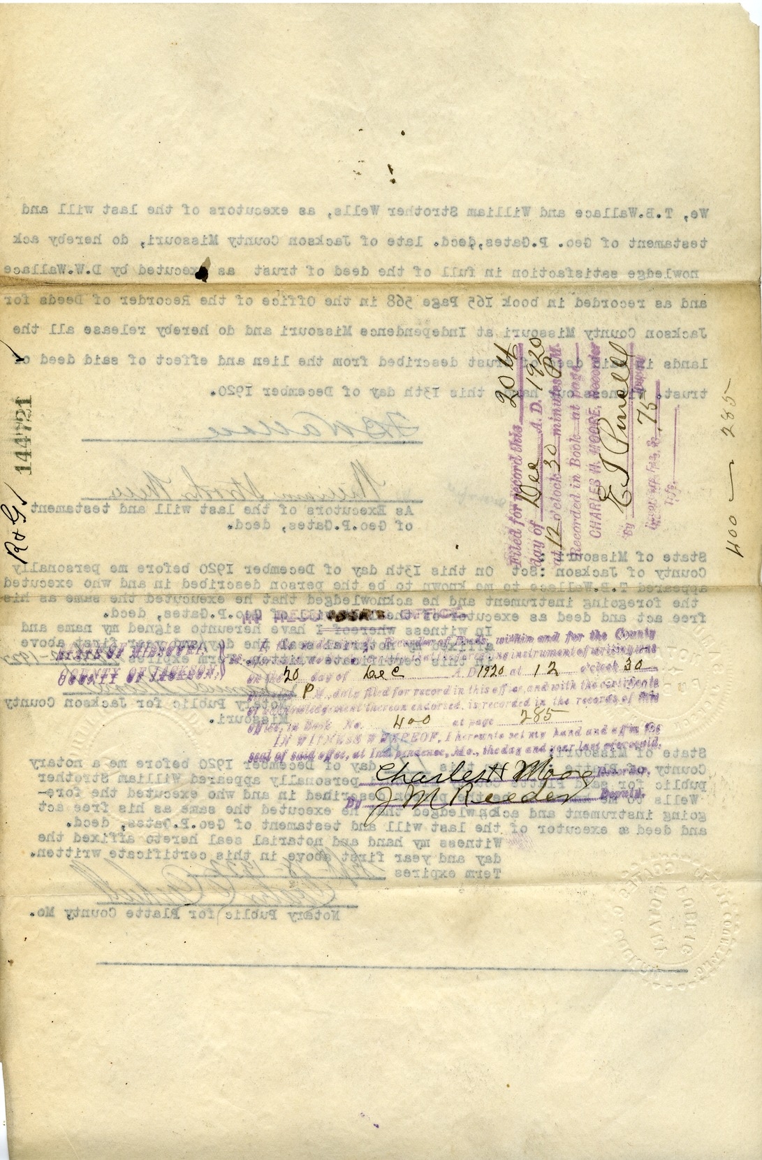 Affidavit of T. B. Wallace and William Strother Wells