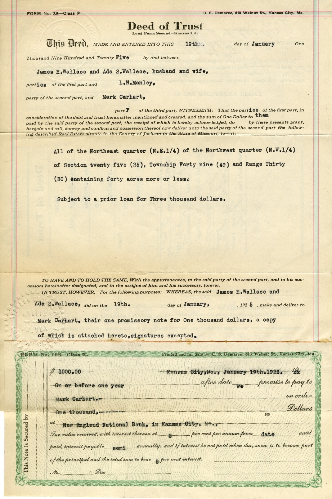 Deed of Trust from James H. Wallace and Ada S. Wallace to L. N. Manley for Mark Carhart