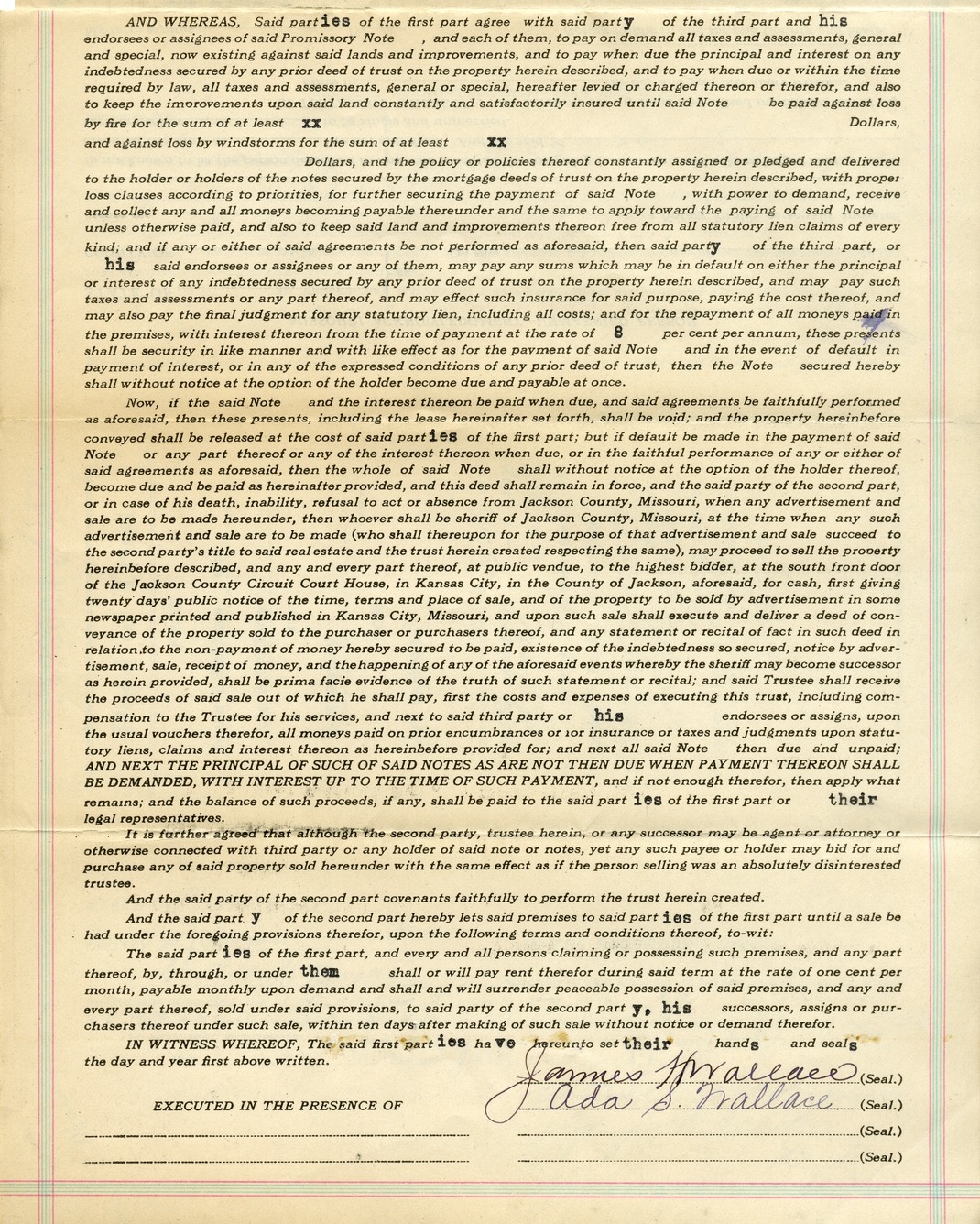 Deed of Trust from James H. Wallace and Ada S. Wallace to L. N. Manley for Mark Carhart