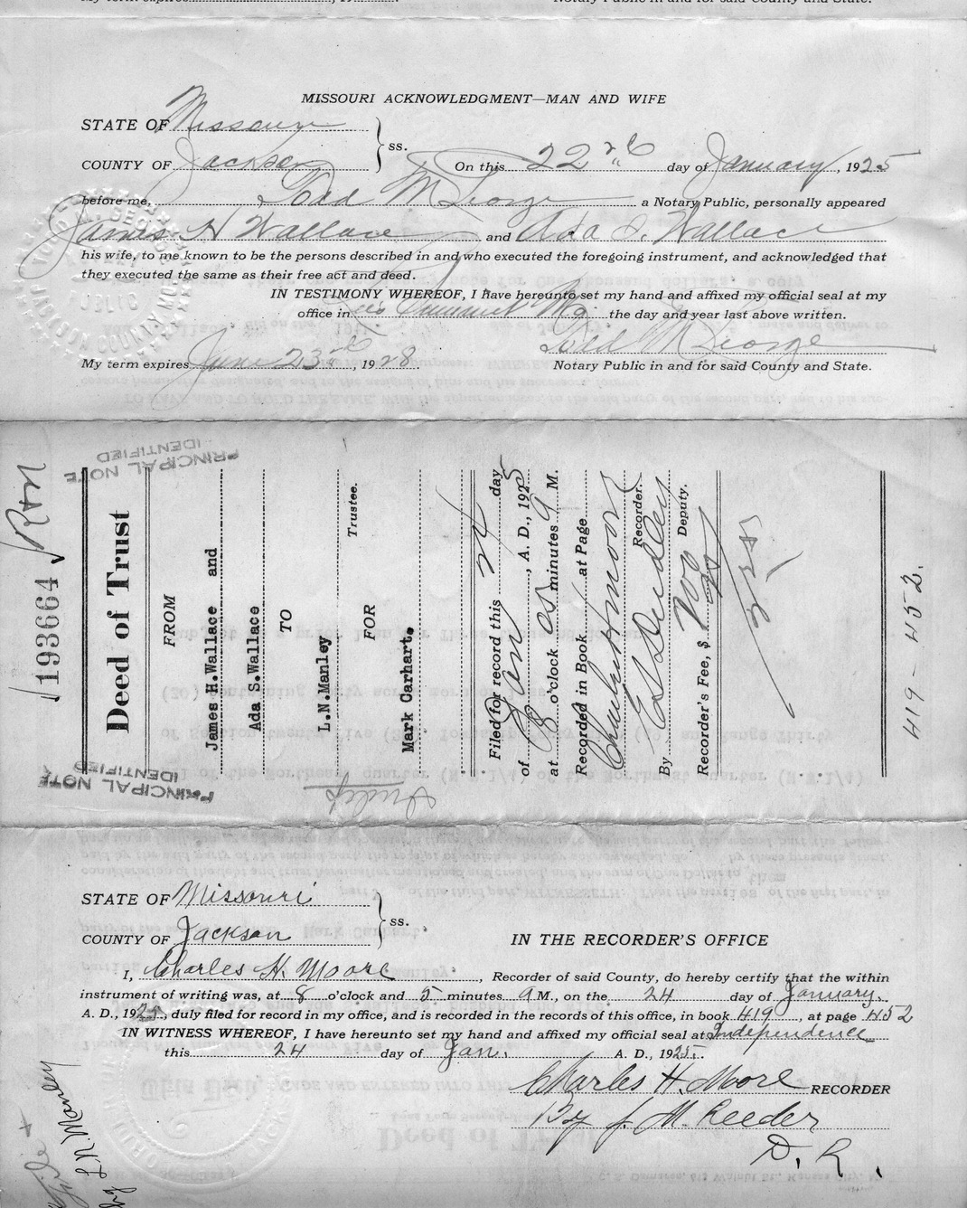 Deed of Trust from James H. Wallace and Ada S. Wallace to L. N. Manley for Mark Carhart