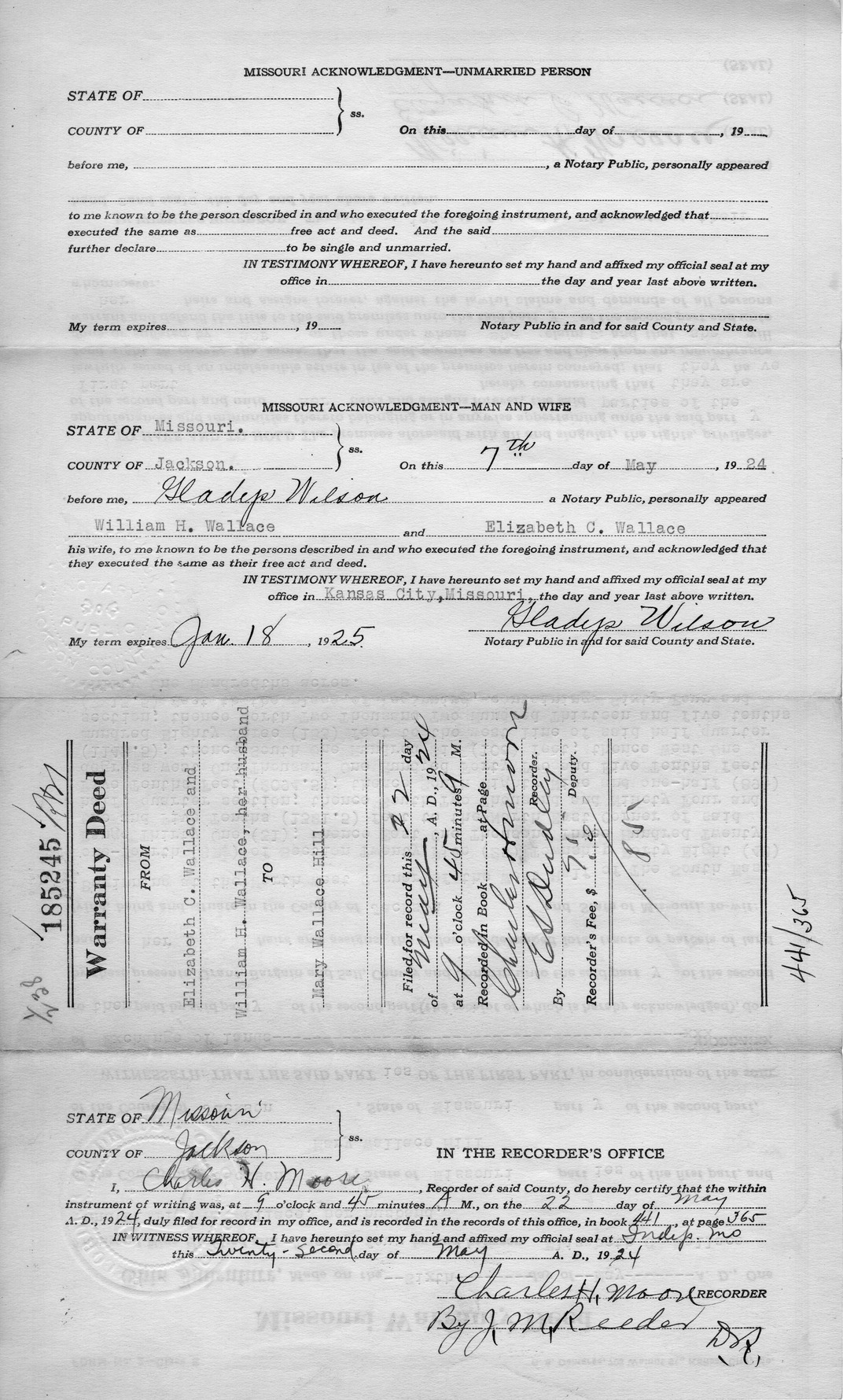 Warranty Deed from Elizabeth C. Wallace and William H. Wallace to Mary Wallace Hill