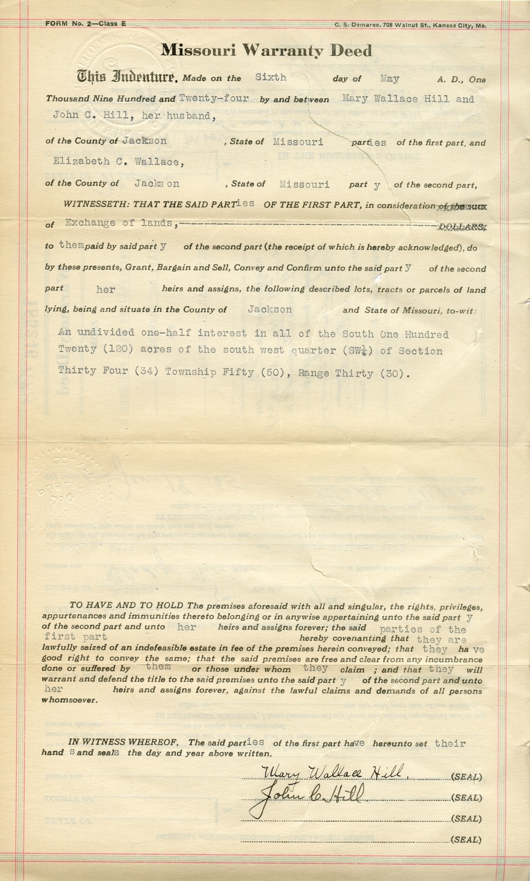 Warranty Deed from Mary Wallace Hill and John C. Hill to Elizabeth C. Wallace