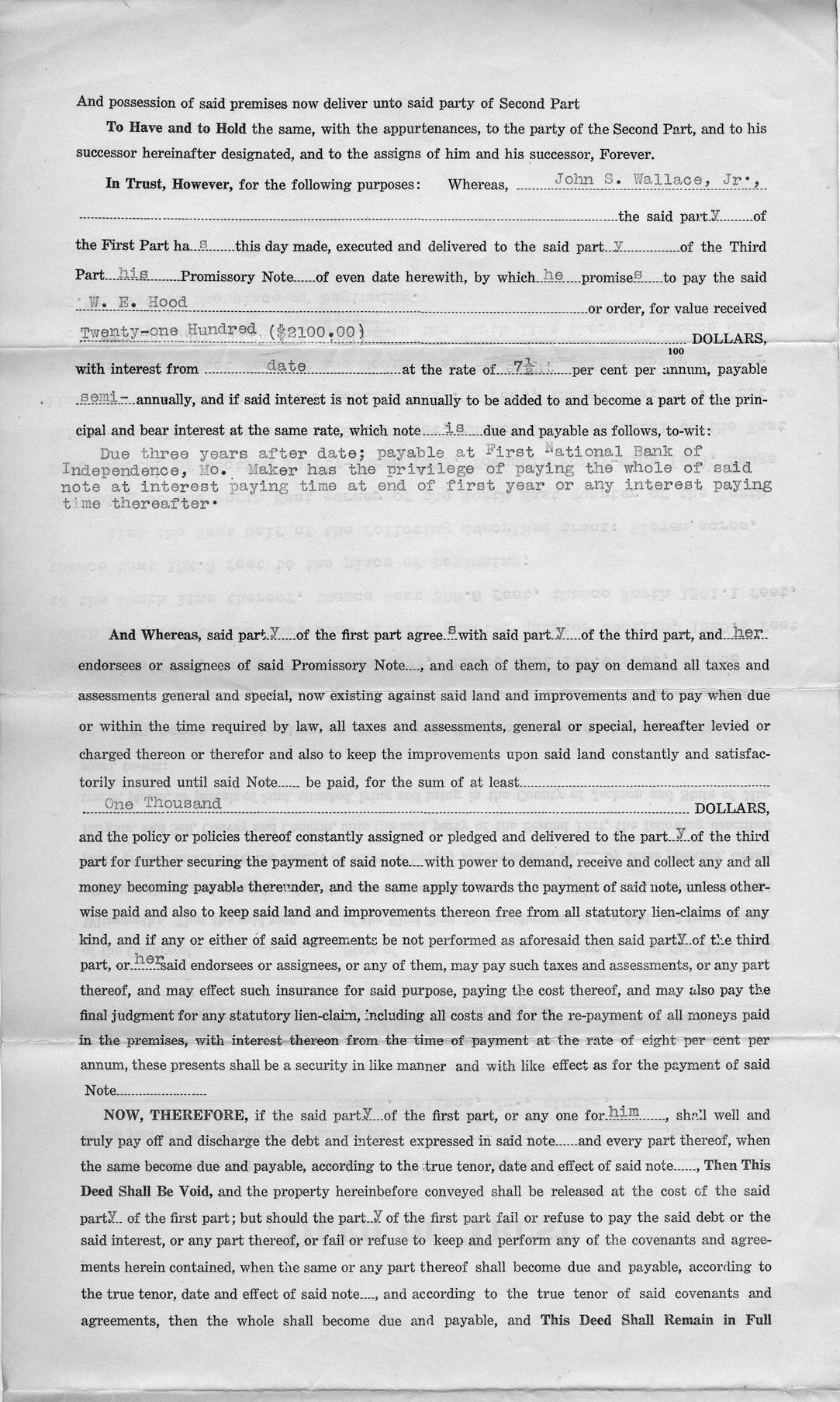 Deed of Trust from John S. Wallace, Jr. to John D. Strother for W. E. Hood