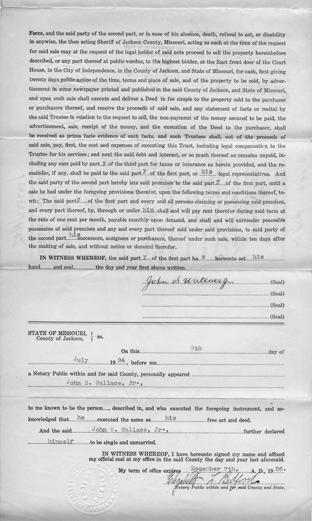 Deed of Trust from John S. Wallace, Jr. to John D. Strother for W. E. Hood