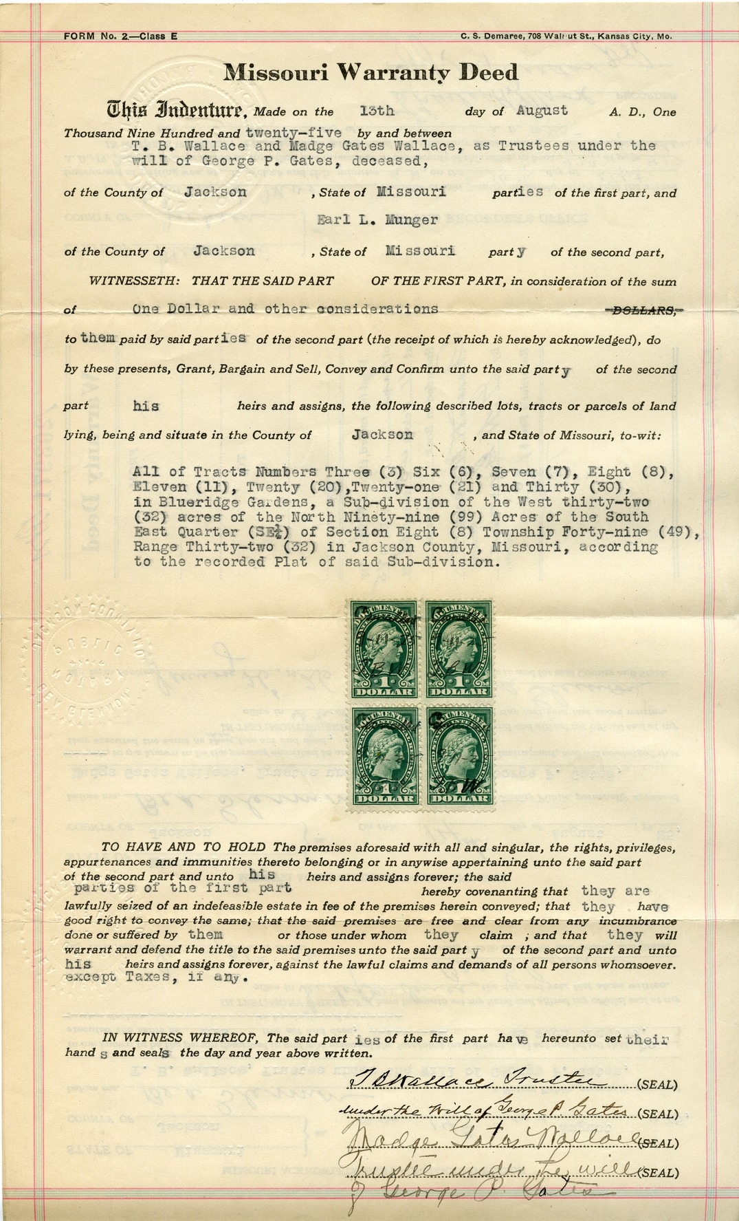 Warranty Deed from T. B. Wallace and Madge Gates Wallace to Earl L. Munger