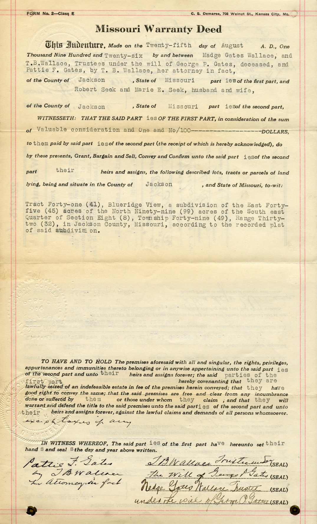 Warranty Deed from Madge Gates Wallace et al. to Robert and Marie E. Seek