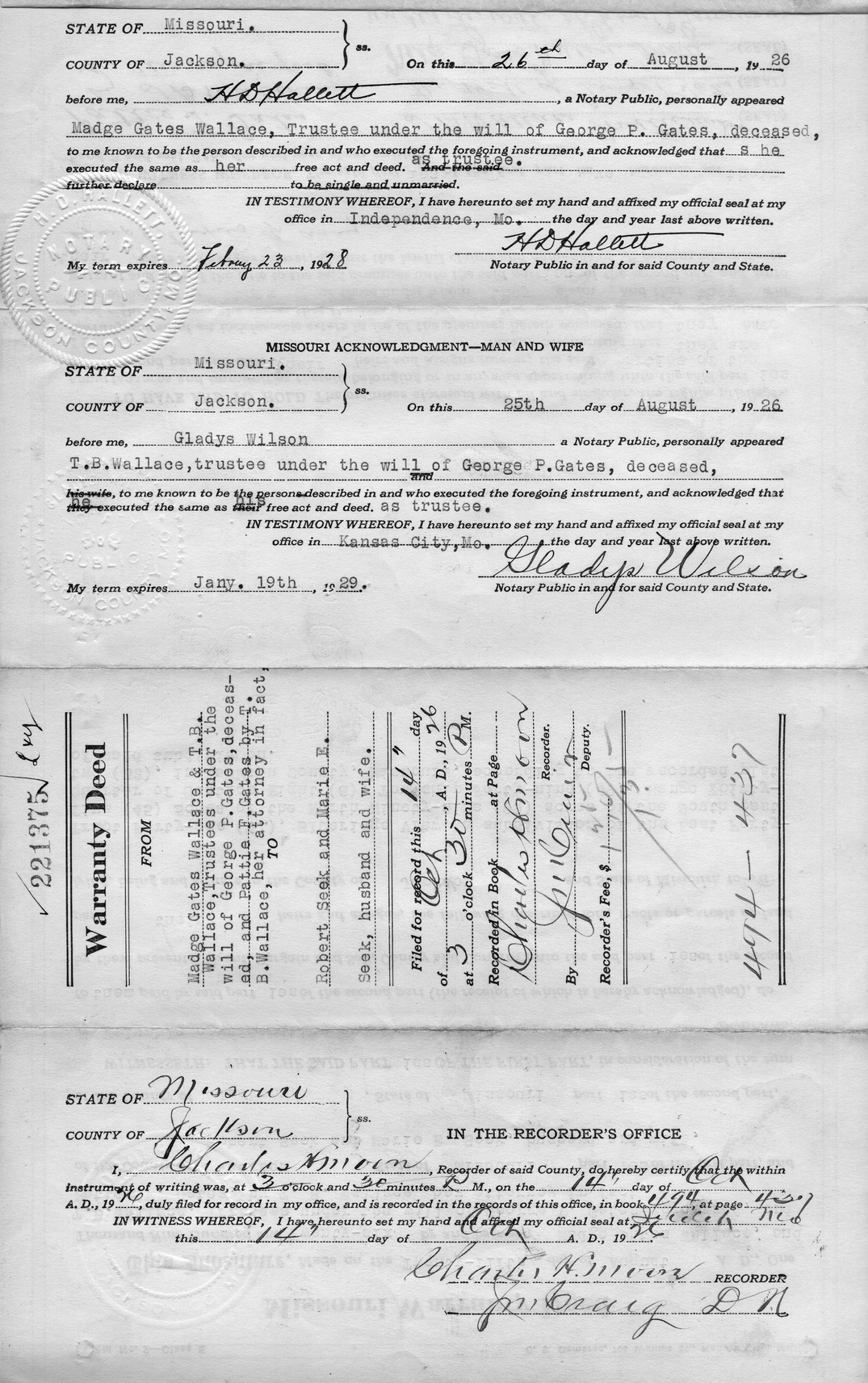 Warranty Deed from Madge Gates Wallace et al. to Robert and Marie E. Seek