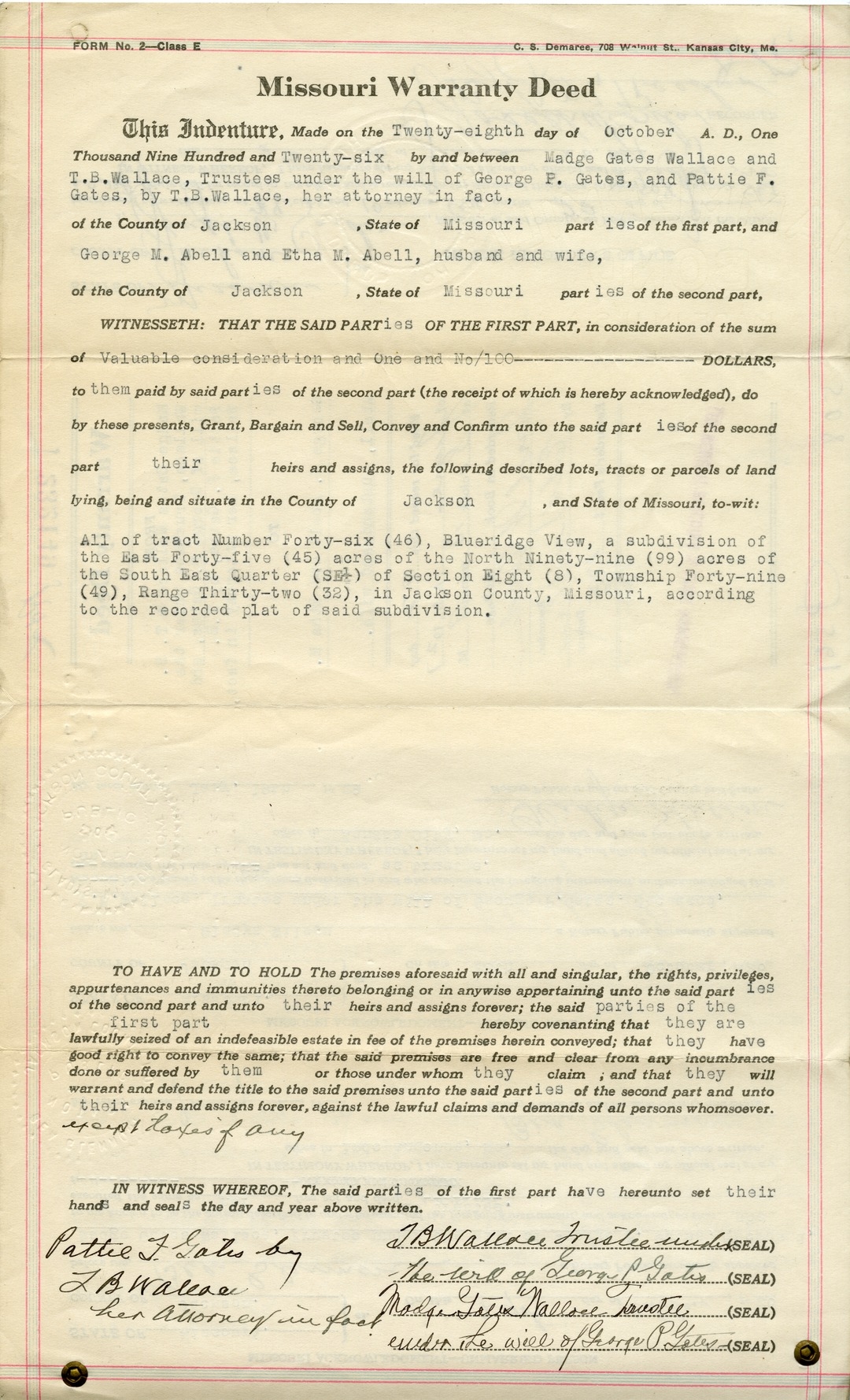Warranty Deed from Madge Gates Wallace et al. to George M. Abell and Etha M. Abell