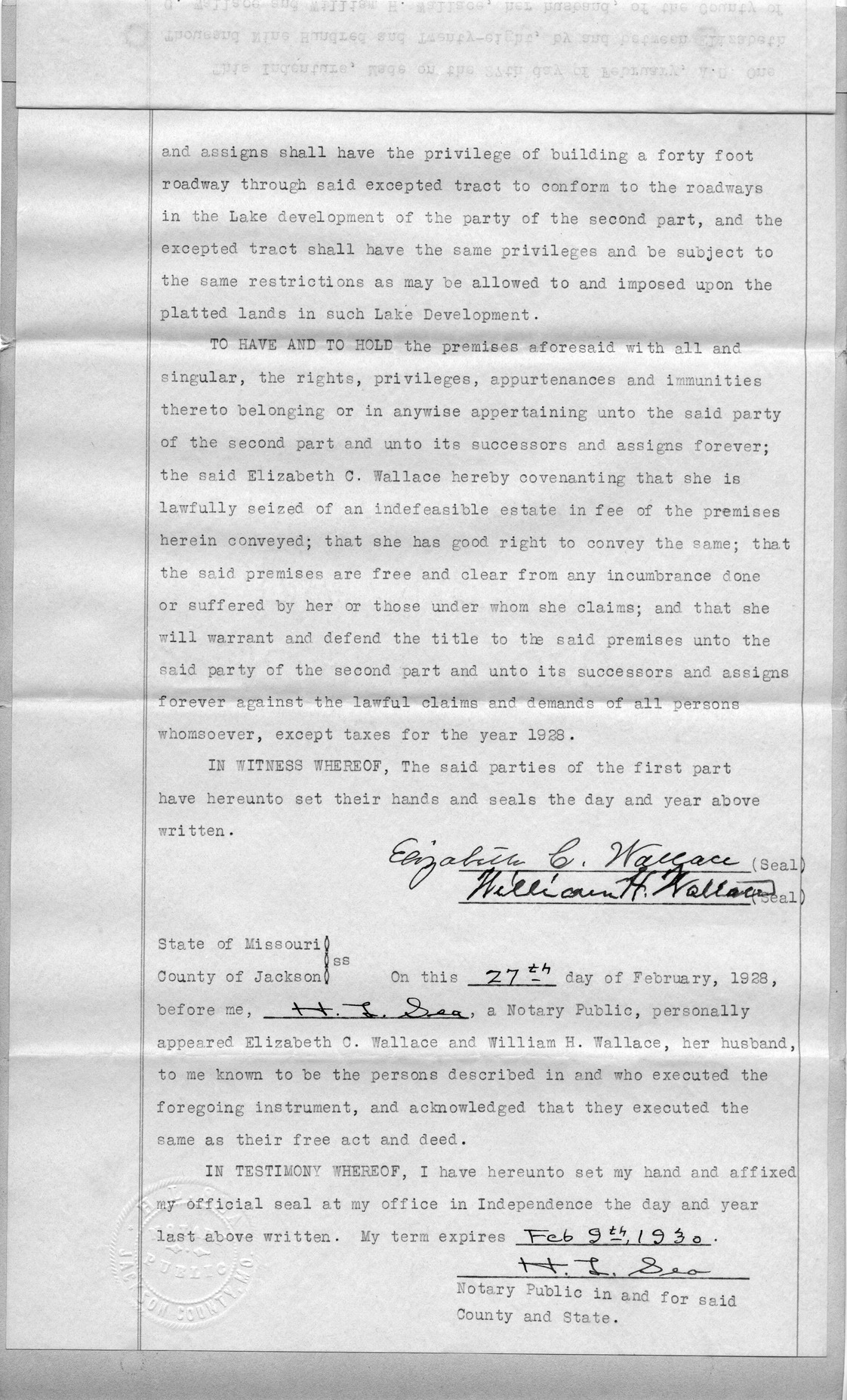 Warranty Deed from Elizabeth C. Wallace and William H. Wallace to Lake Lotawana Development Company
