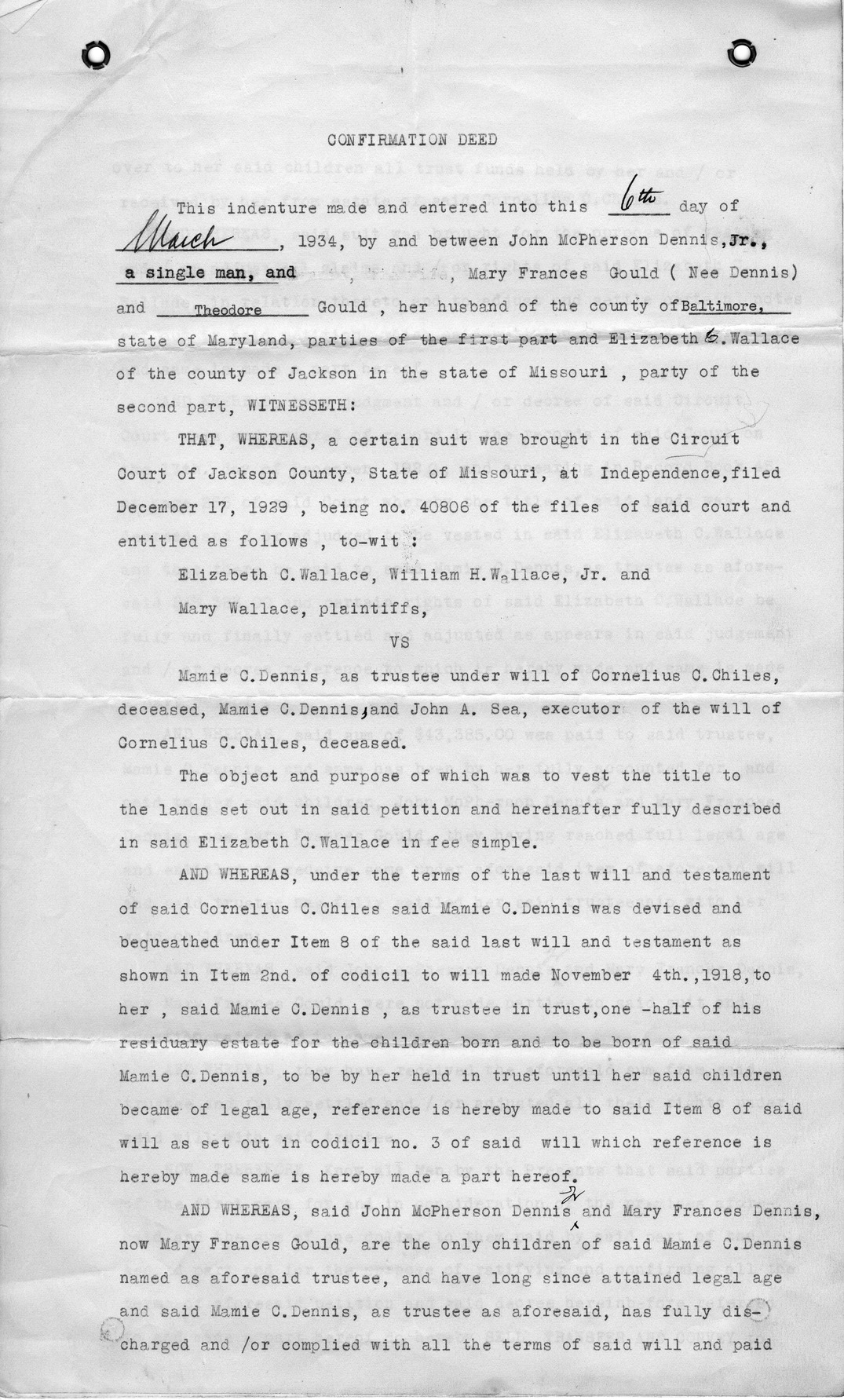 Confirmation Deed from John McPherson Dennis, Jr. et al. to Elizabeth C. Wallace