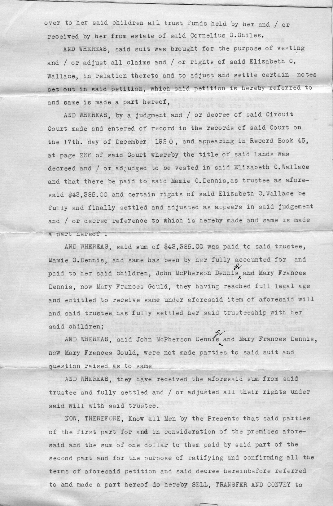 Confirmation Deed from John McPherson Dennis, Jr. et al. to Elizabeth C. Wallace