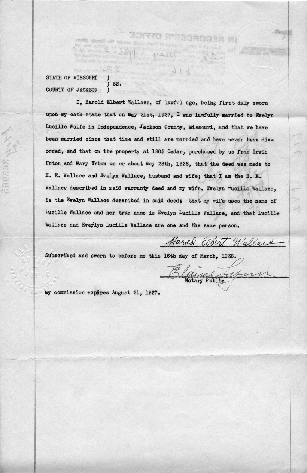 Affidavit of Harold Elbert Wallace