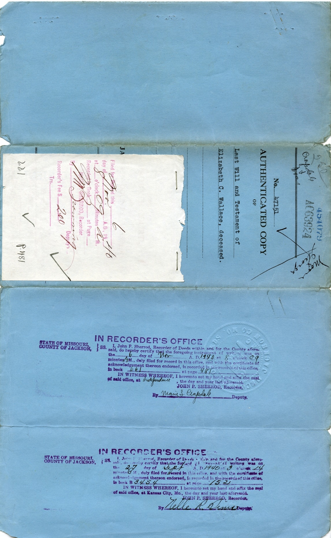 Authenticated Copy of Last Will and Testament of Elizabeth C. Wallace, Deceased