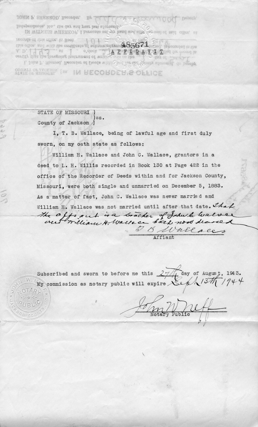 Affidavit of T. B. Wallace