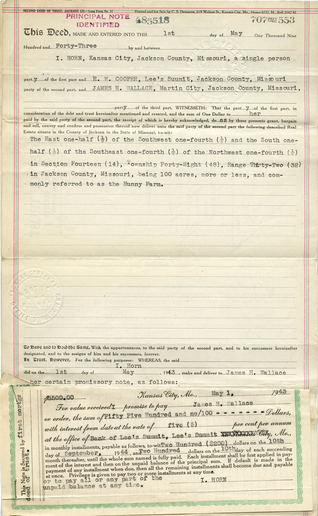 Deed of Trust from I. Horn to E. W. Cooper for James H. Wallace