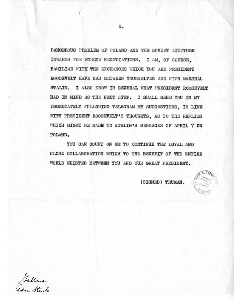 Telegram from President Harry S. Truman to Prime Minister Winston Churchill