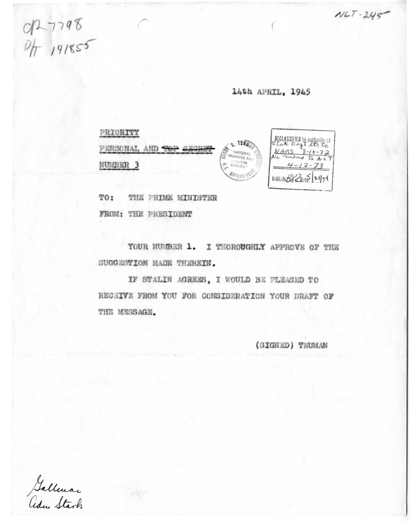 Telegram from President Harry S. Truman to Prime Minister Winston Churchill