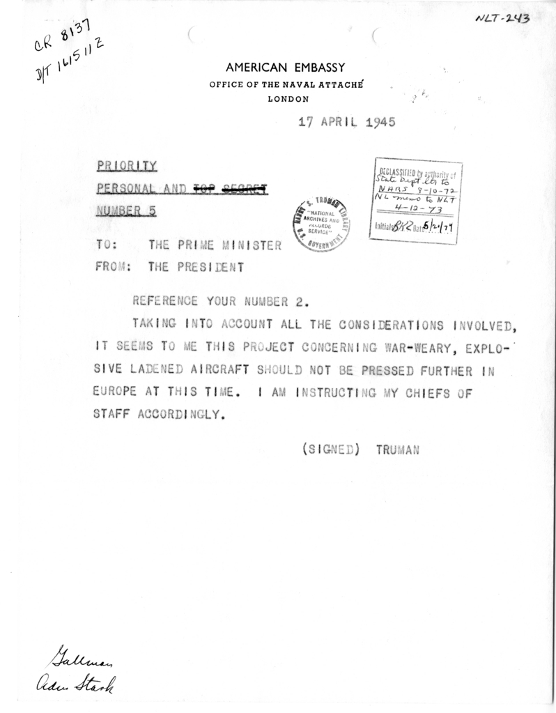 Telegram from President Harry S. Truman to Prime Minister Winston Churchill