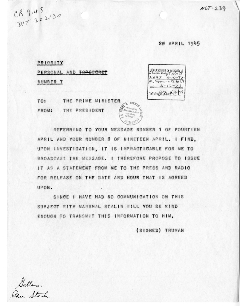 Telegram from President Harry S. Truman to Prime Minister Winston Churchill