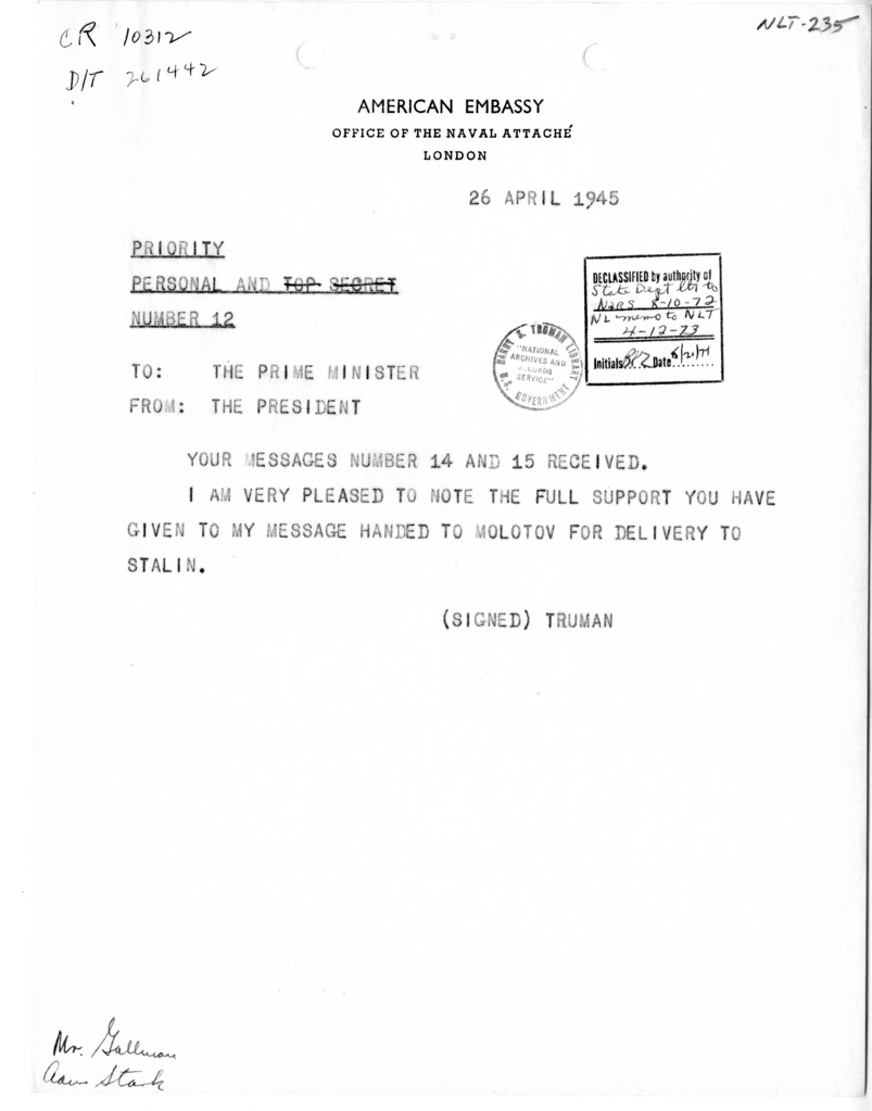 Telegram from President Harry S. Truman to Prime Minister Winston Churchill