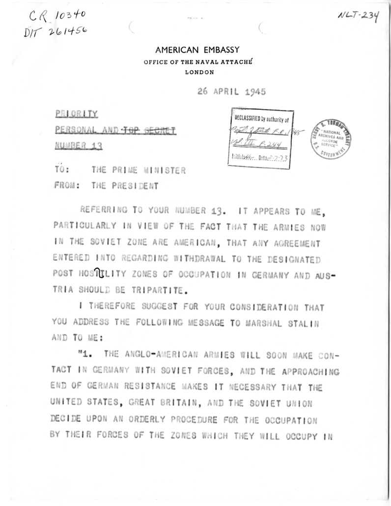 Telegram from President Harry S. Truman to Prime Minister Winston Churchill