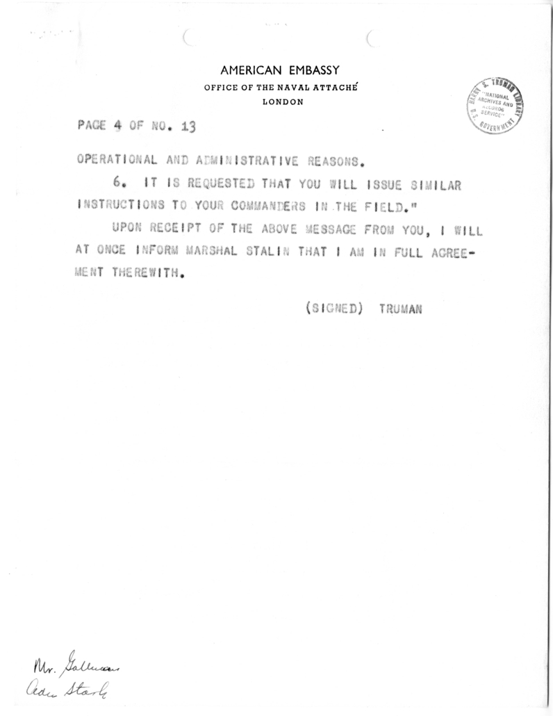 Telegram from President Harry S. Truman to Prime Minister Winston Churchill