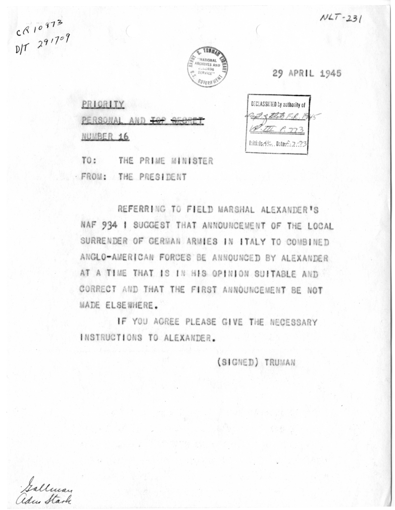 Telegram from President Harry S. Truman to Prime Minister Winston Churchill