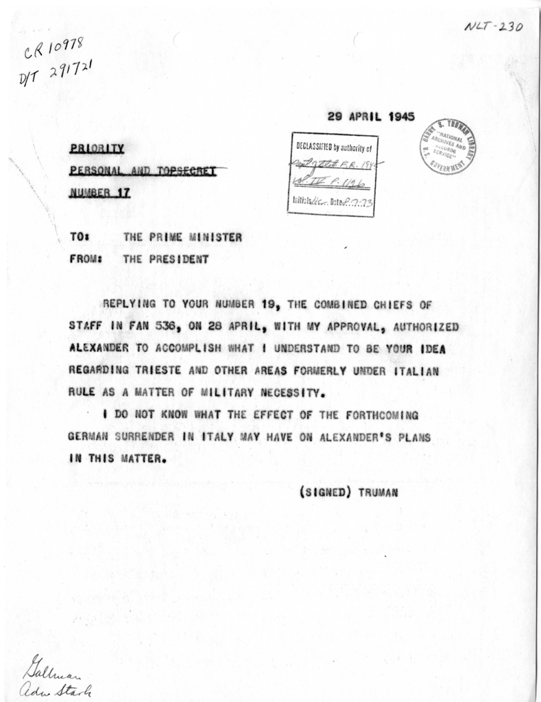 Telegram from President Harry S. Truman to Prime Minister Winston Churchill