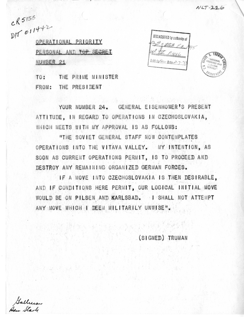 Telegram from President Harry S. Truman to Prime Minister Winston Churchill