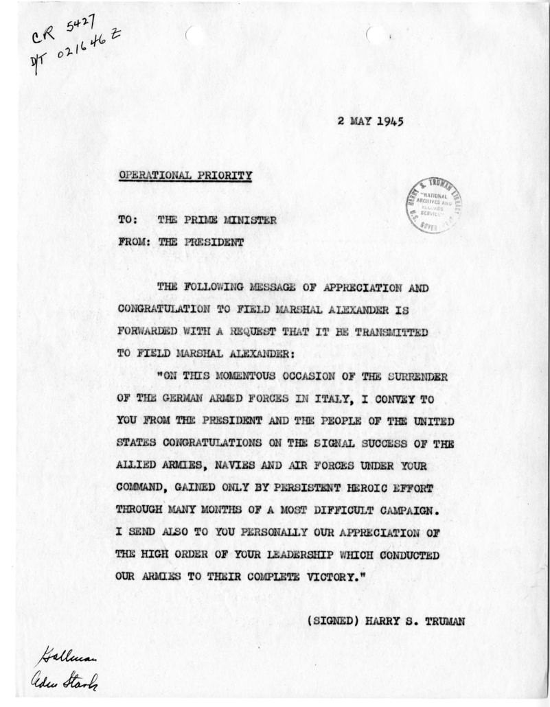 Telegram from President Harry S. Truman to Prime Minister Winston Churchill