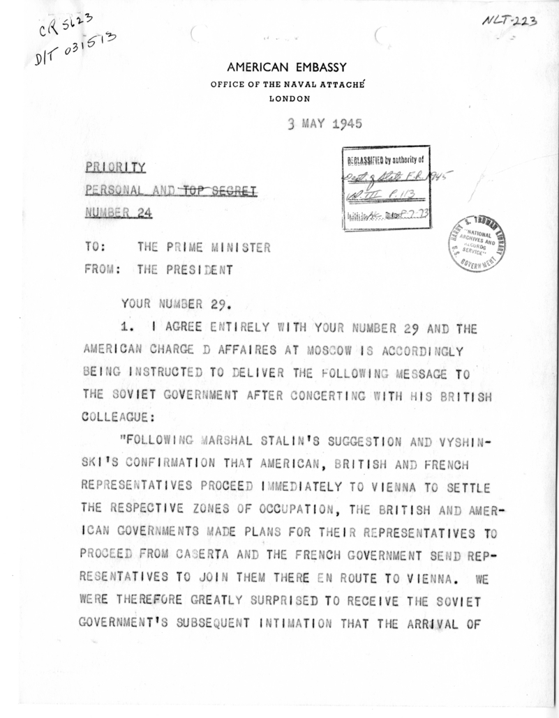 Telegram from President Harry S. Truman to Prime Minister Winston Churchill