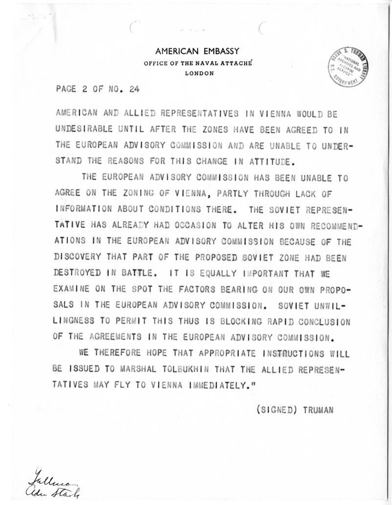 Telegram from President Harry S. Truman to Prime Minister Winston Churchill