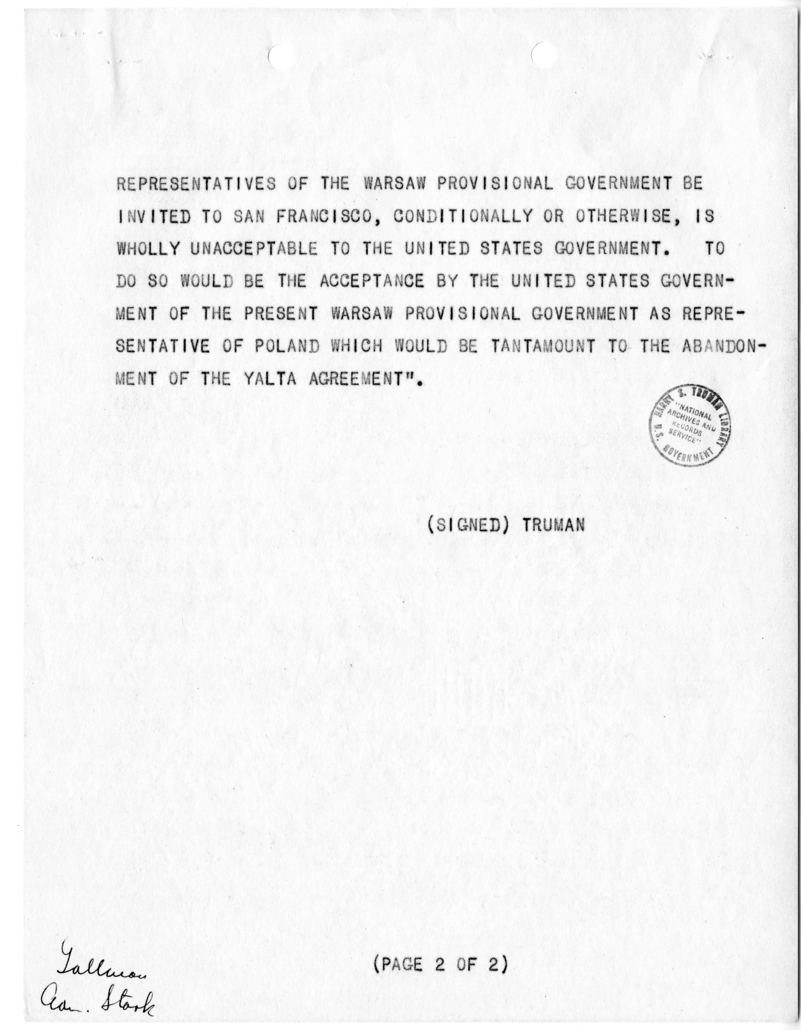 Telegram from President Harry S. Truman to Prime Minister Winston Churchill