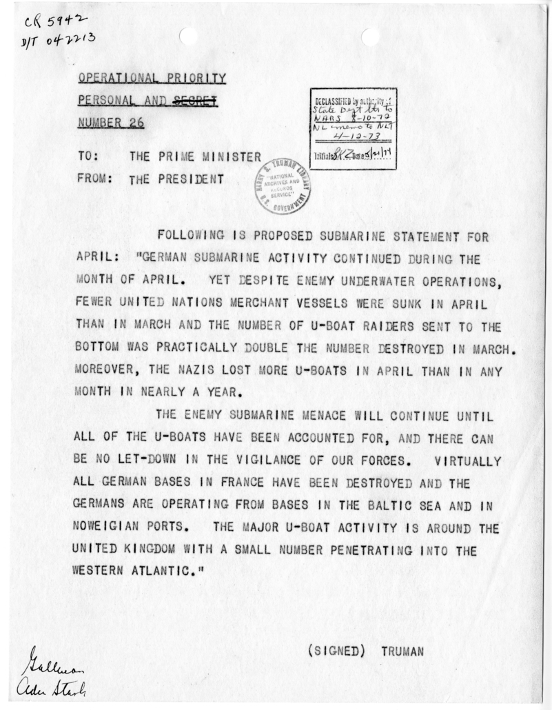 Telegram from President Harry S. Truman to Prime Minister Winston Churchill