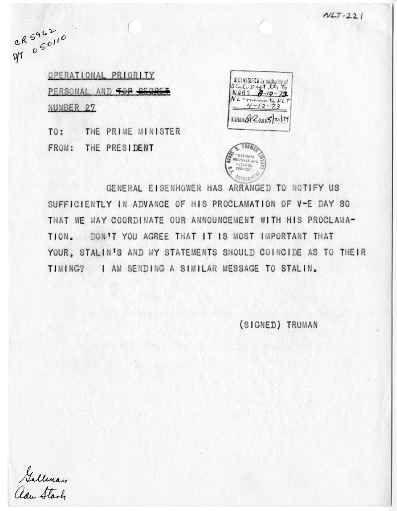 Telegram from President Harry S. Truman to Prime Minister Winston Churchill