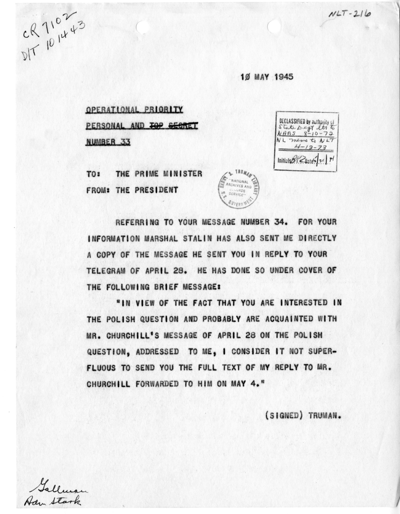 Telegram from President Harry S. Truman to Prime Minister Winston Churchill